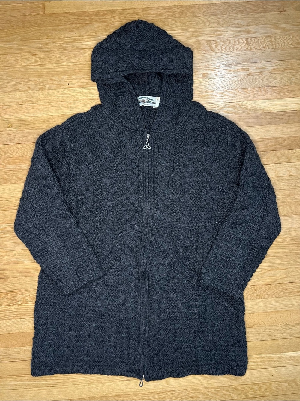 Aran Crafts Hooded Cable Knit Cardigan Sweater Sz Large Gray Merino Wool Zip